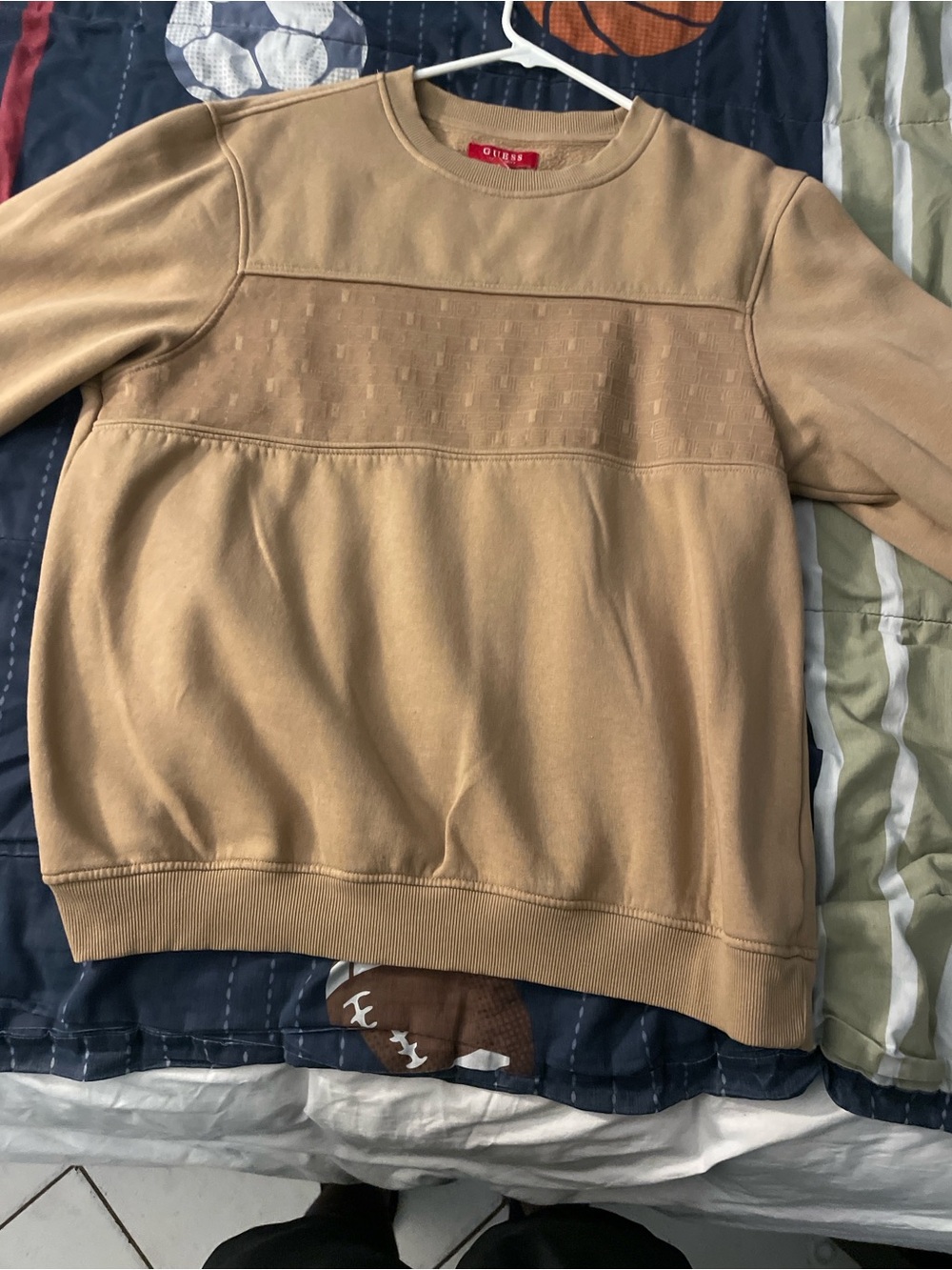 Guess Men’s Beige Crewneck Sweater with Textured Chest Panel